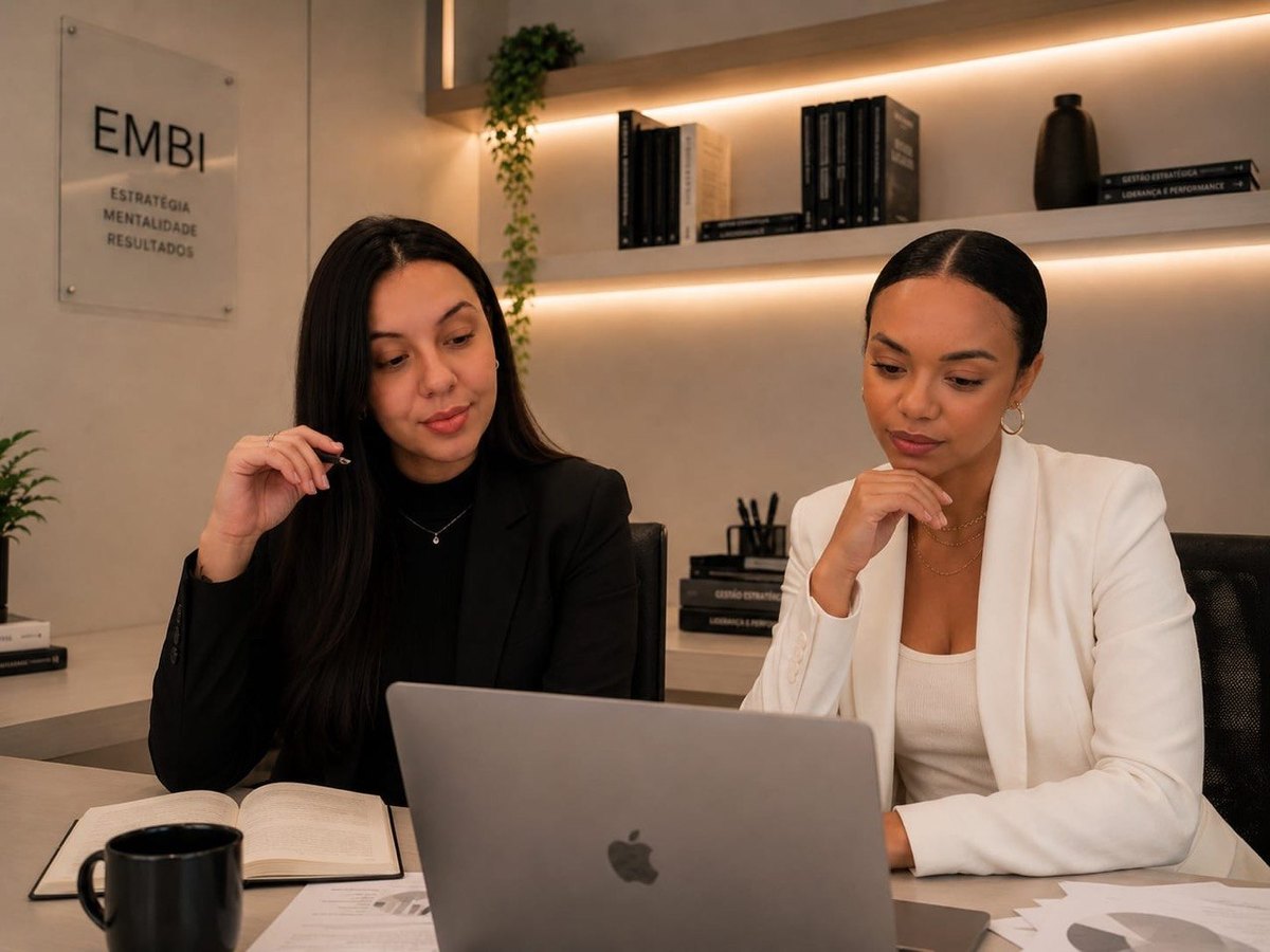 Bianca Cappi e Emili Rocha, fundadoras da EMBI Assessoria, em uma reunião de consultoria no escritório